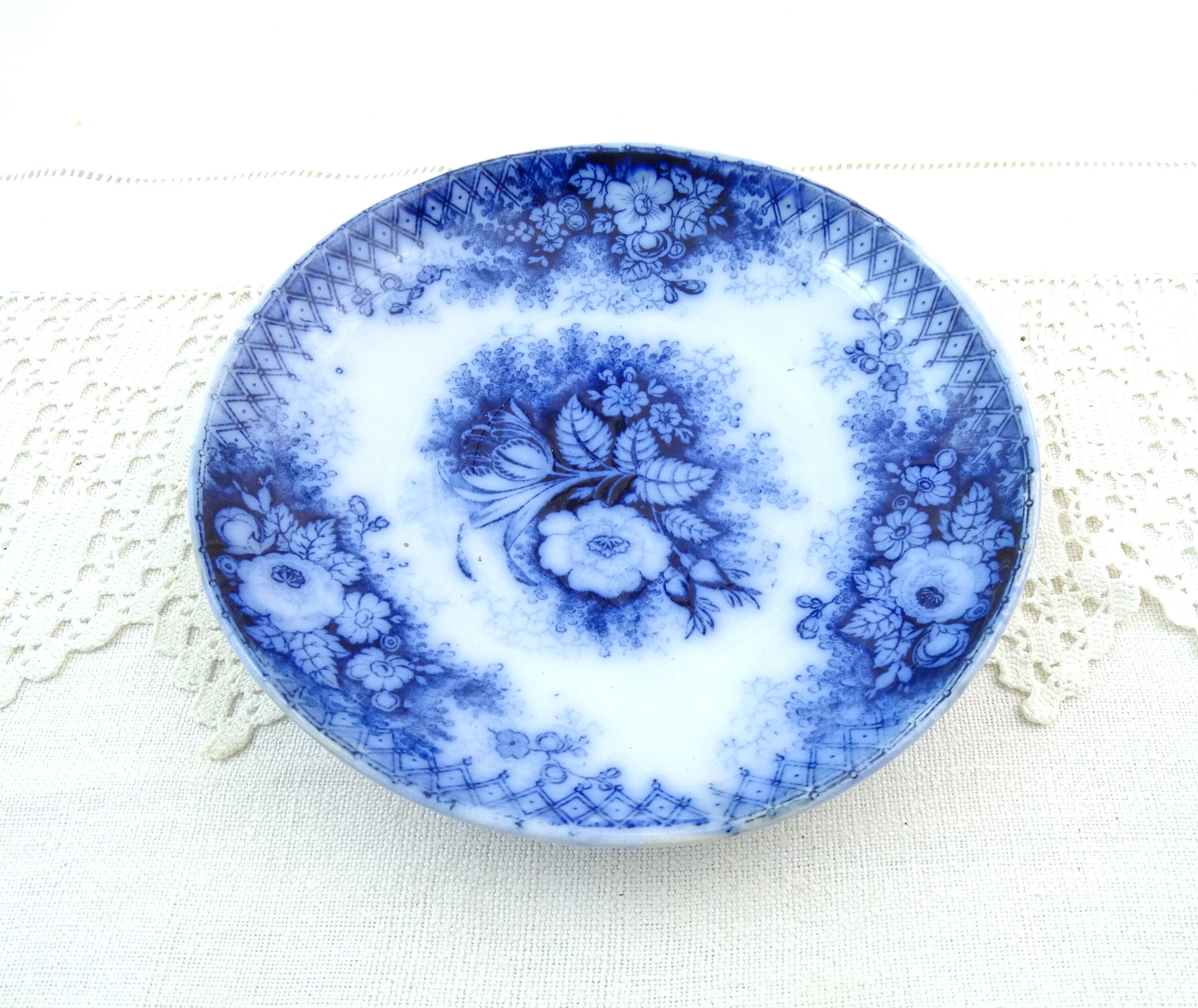 Small Antique Villeroy and Boch Saucer from the Jardiniere Range with Deep Blue Rose and Flower