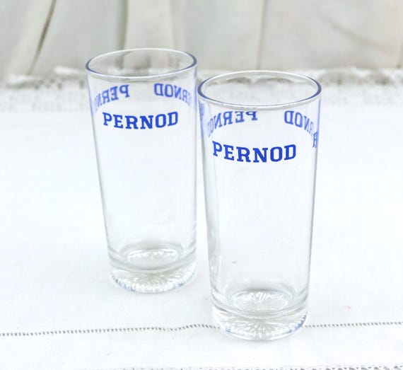 2 Vintage French Pernod Clear Tall Glass Tumblers, Retro Glassware from France for Aperitif Drinks, Cote d'Azur Mediterranean Barware France