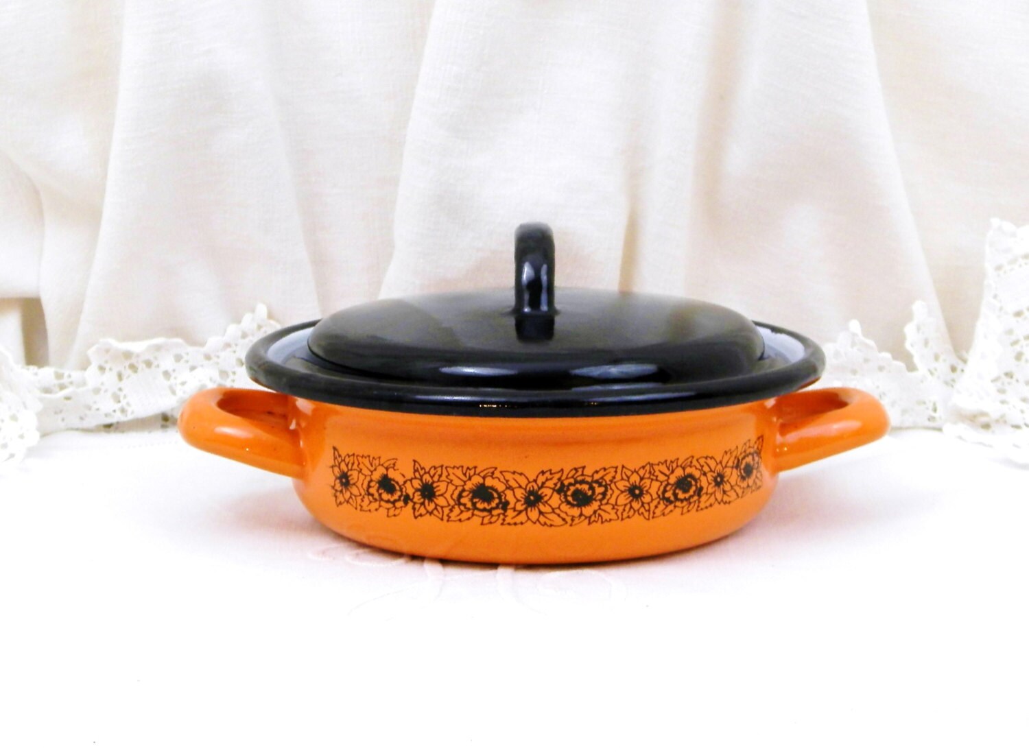 Vintage 1960s Retro Bright Orange with Dark Black Pattern Enameled