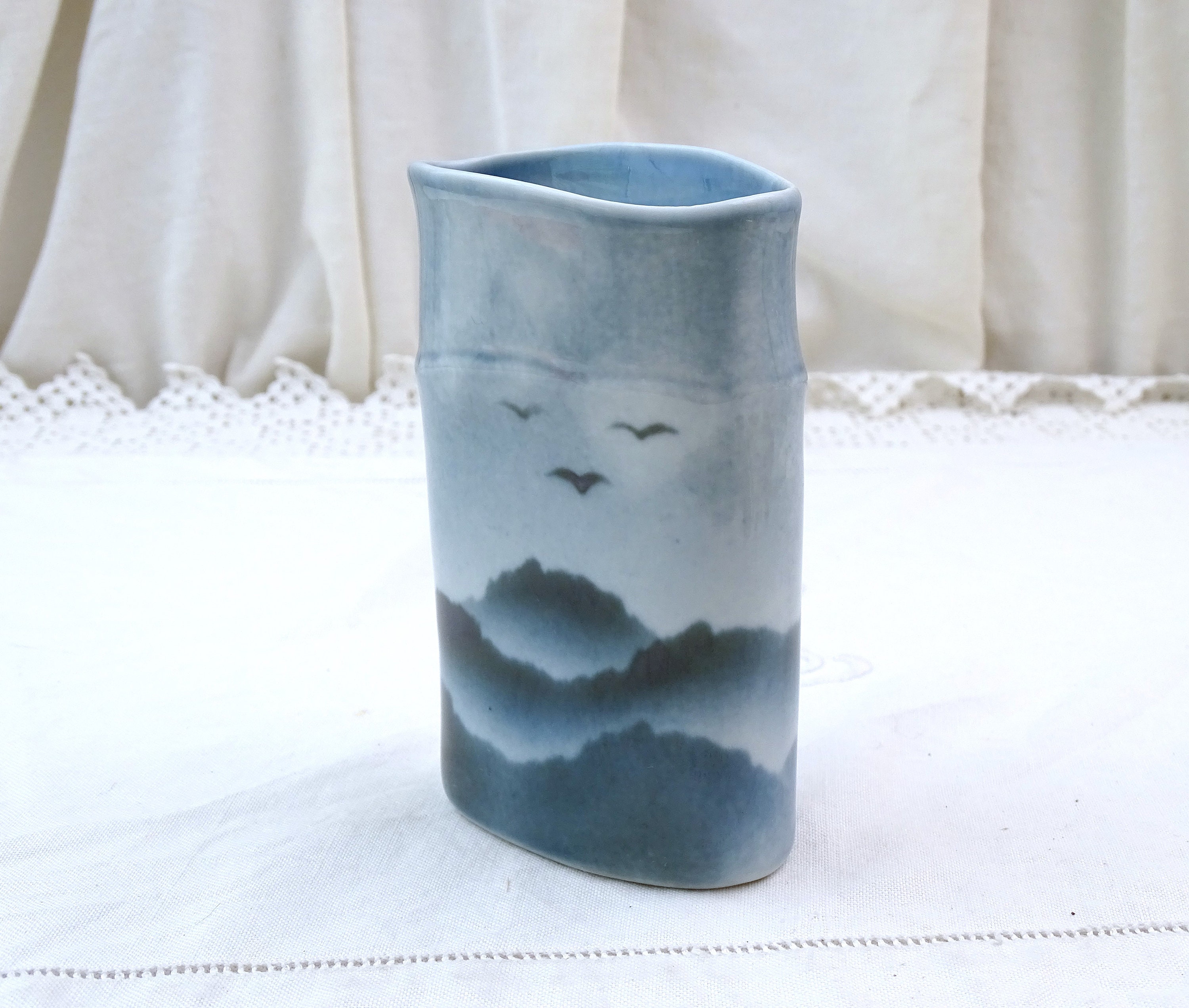 Vintage French Thin Vase by Porcelaine Virebent in Blue Vintage French Thin Vase by Porcelaine Virebent in Blue