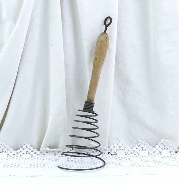 Antique French Spiral Egg Whisk with Wooden Handle, Vintage Victorian Kitchenware Accessory from France, Country Farmhouse Kitchen Decor