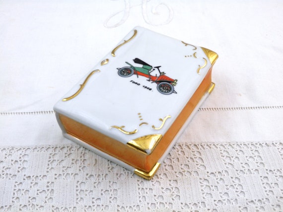 French Vintage Porcelain China Booked Shaped Trinket Box with an Image of a Ford 1908 Car, Retro Jewelry Box for Automobile Lover