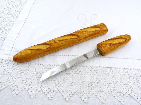 Vintage French Novelty Wooden Bread Knife Shaped as a Baguette by Cuzin, Retro Fun Fake Flute Bun Carving Knife from France made of Wood