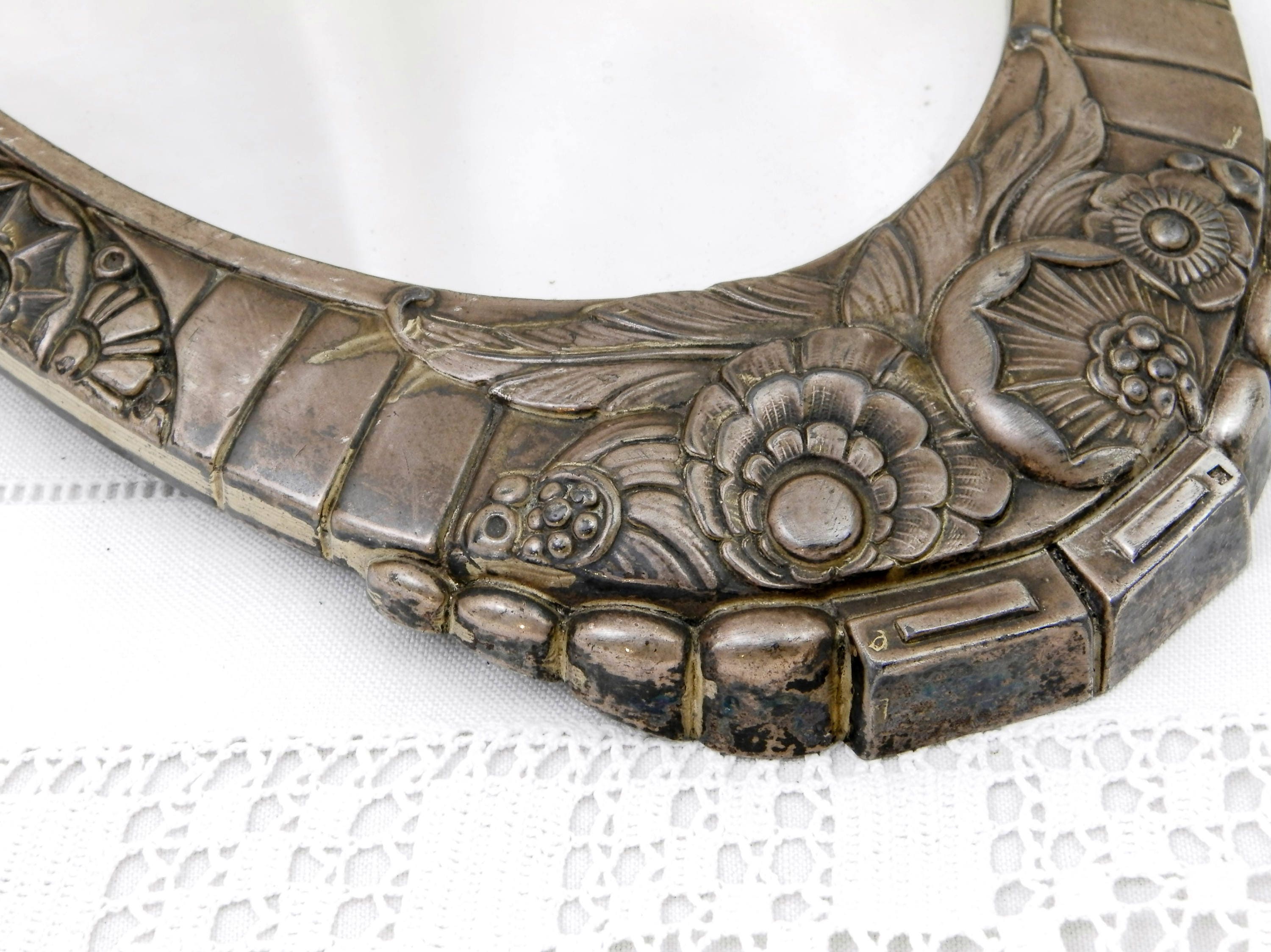 Antique Art Deco 1930s Silver Plated Metal Oval Mirrored Plateau / Tray