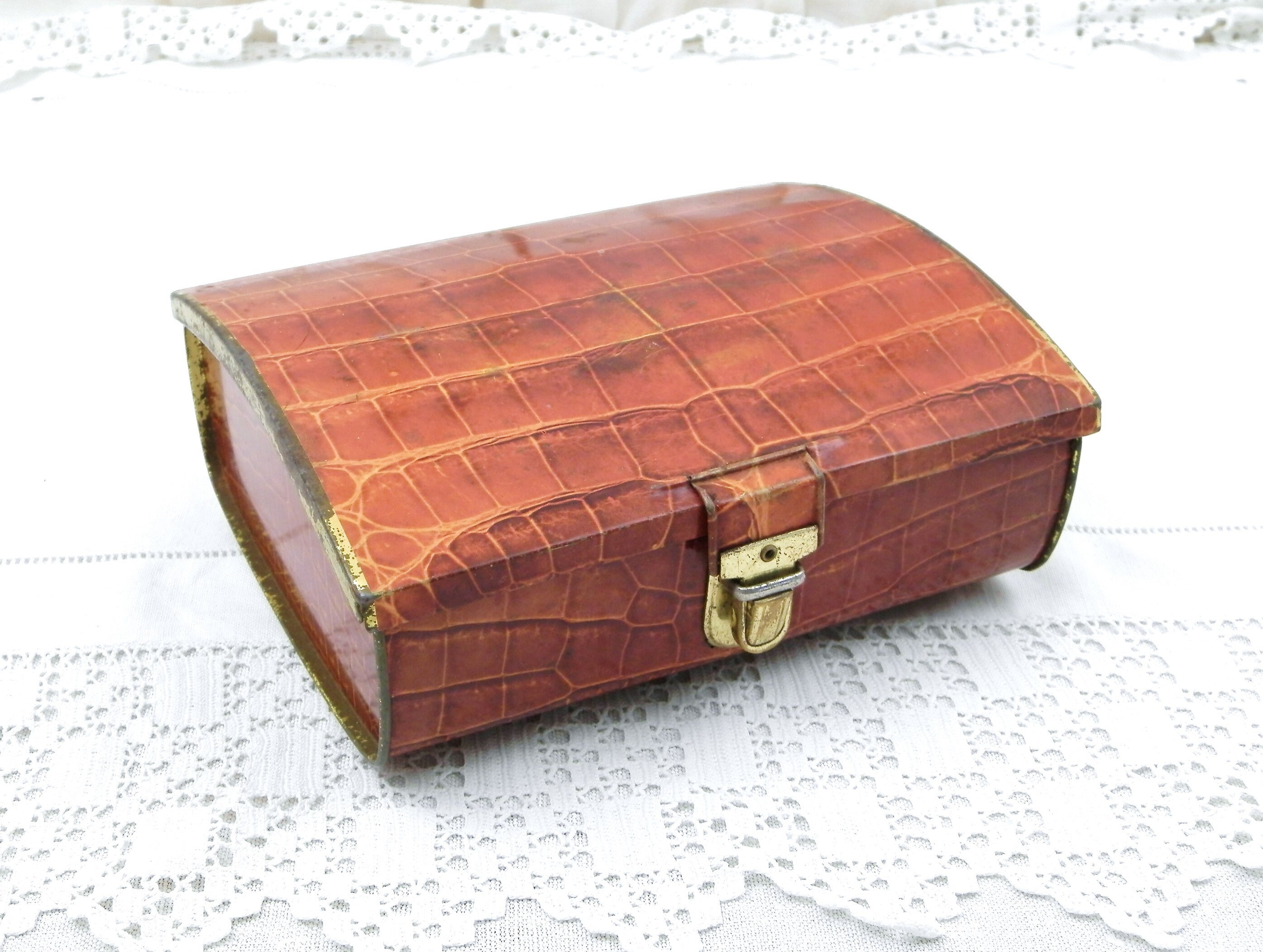 Vintage French Metal Fake Crocodile Skin Tin With Buckle Cote D