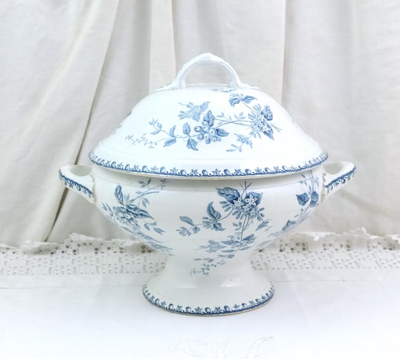 Antique Saint Amand Hamage Soup Tureen with Lid, French Blue Floral Transferware, Pedestal Serving Dish, Ceramic Tableware Collectible