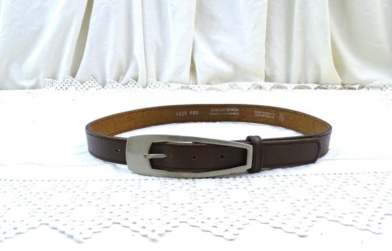 Vintage French Mid Century Leather Belt with Large Silver Tone Metal Buckle by Atelier Bower Size 75, Retro Small Size Clothes from France