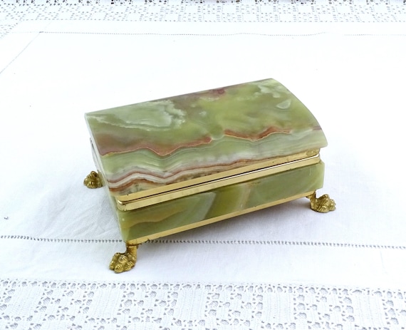 Vintage 1970s Italian Rectangular Green and Brown Veined Agate Trinket Box with Loins Paws Feet, Retro Jewelry Stone Container from Italy