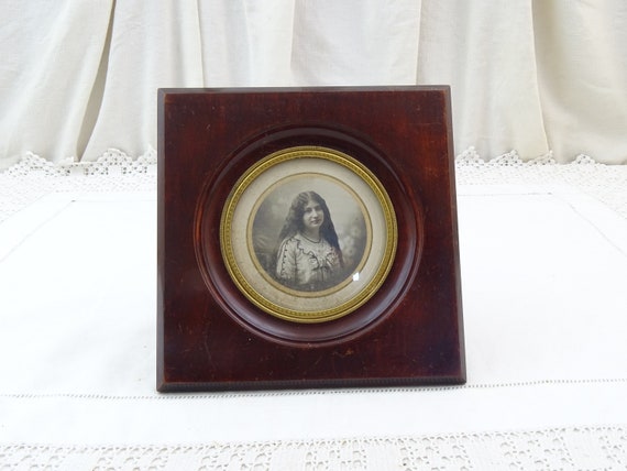 Antique French Square Framed Round Black and White Photograph Portrait of Young Woman with Long Hair in Wooden Frame, Vintage Brocante Decor