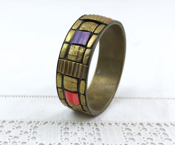 Large Vintage Brass Inlayed with Colorful Bone and Metal Bangle , Retro 1990s Wide Tribal Style Cuff Bracelet in Gold Tone, 80s Jewelry