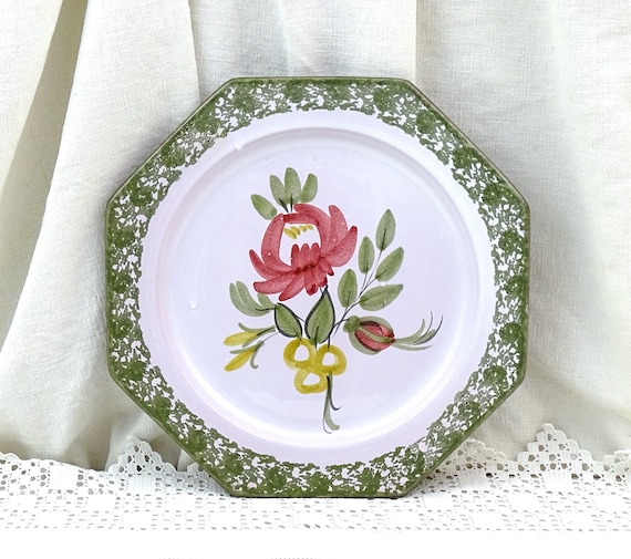 Vintage French Octagonal Plate with Hand Painted Rose Flower Made by Monks at Abbaye du Bec in Normandy, Retro Country Farmhouse Decor