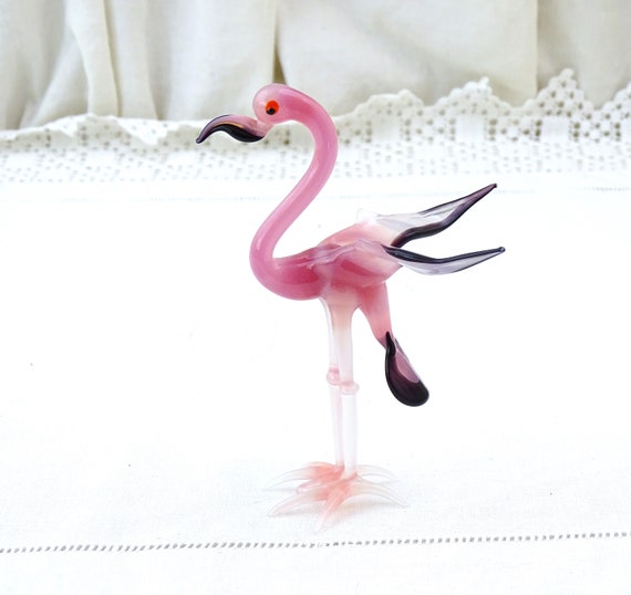 Vintage Art Glass Handmade Pink Flamingo Figurine, Retro Lampwork Bird Glassware Ornament, Hollywood Regency Gift Her, Murano Style Animal