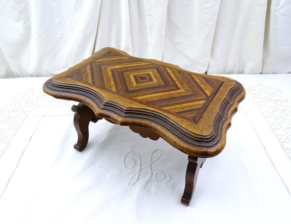 Antique French Inlayed Wooden Foot Stool with Geometric Pattern, Small Vintage Wooden Prayer Bench with Inlaid Wood, Country Cottage Decor