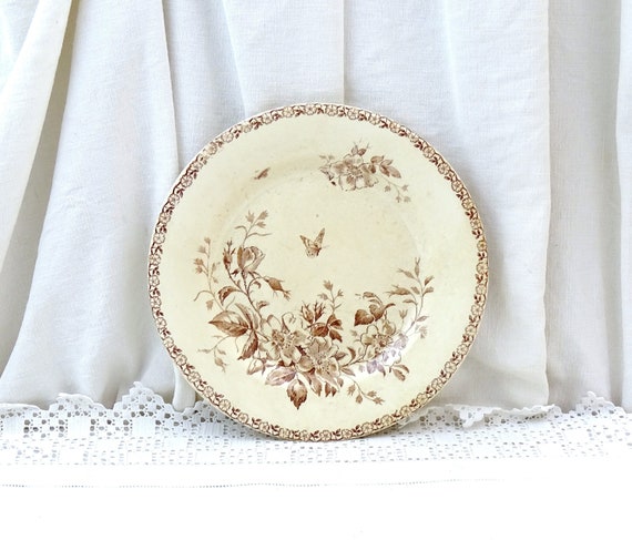 Antique French Ironstone Transferware Plate by Gien from the Mai Range with Brown Flower and Insect Pattern, Vintage Brocante Country Decor