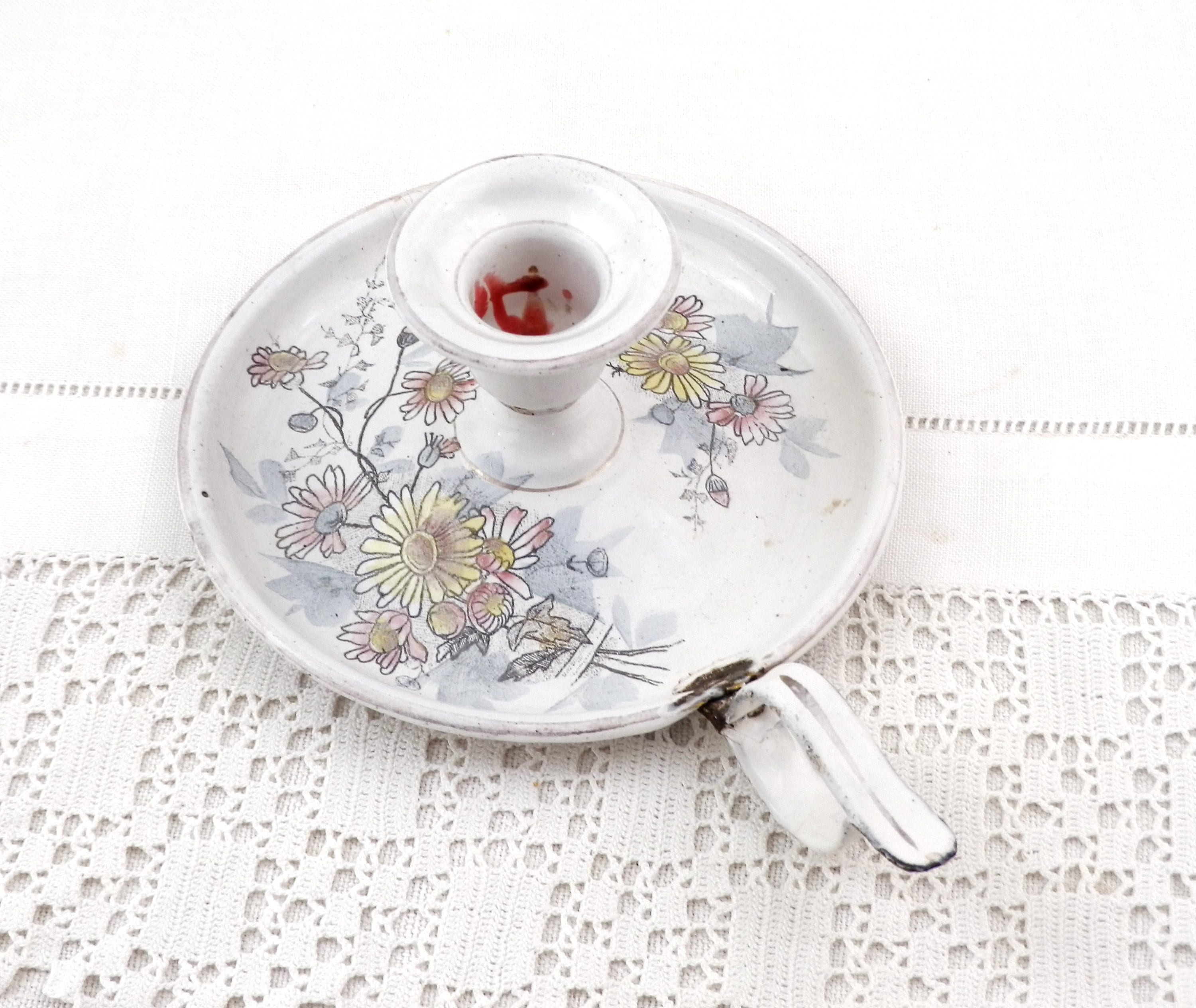 French Antique White Enamel with Flower Pattern Candle Holder, Retro