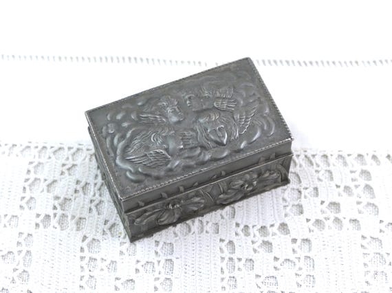Small Vintage Cherub Trinket Box, Embossed Silver Plated Jewelry Ring Box, Victorian Renaissance Putti Casket, Tiny Angel Keepsake Box