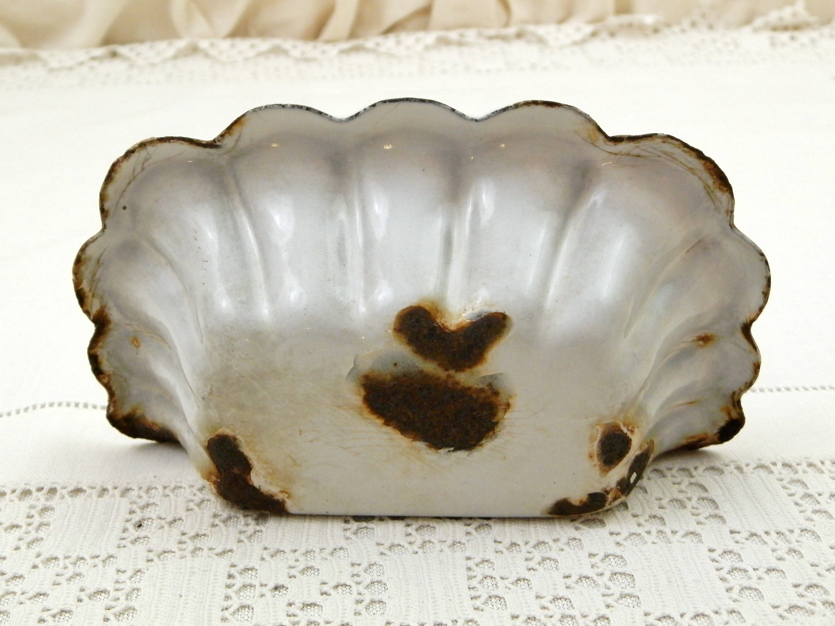 Antique French Wall Hanging Chippy White Porcelain Enamel Soap Dish