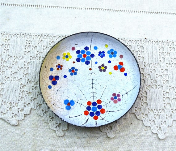 Vintage Mid Century Art Enamel Trinket Dish Dot Abstract Design on White Copper, Retro Boho Decorative Enameled Bowl, Colorful Ashtray