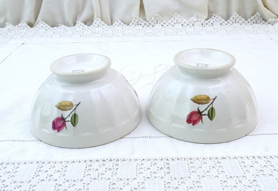 Pair of 2 Vintage French Gien Coffee Bowls with Pink Rose Flower Pattern, Retro Breakfast Tableware Accessory from France, Country Farmhouse