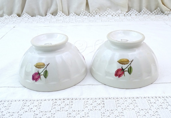 Pair of 2 Vintage French Gien Coffee Bowls with Pink Rose Flower Pattern, Retro Breakfast Tableware Accessory from France, Country Farmhouse