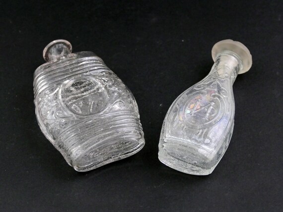 2 Antique French Clear Glass Perfume Bottles With Embossed Lettering and Pattern from Paris, Retro Country Chateau Chic Parisian Decor