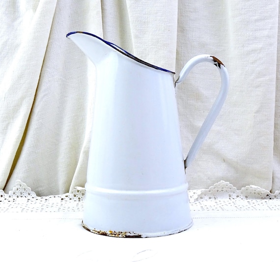 Antique French Medium Sized White Enamelware Pitcher, Vintage Enameled Metal Jug from France, Country Farmhouse Cottagecore Home Decor