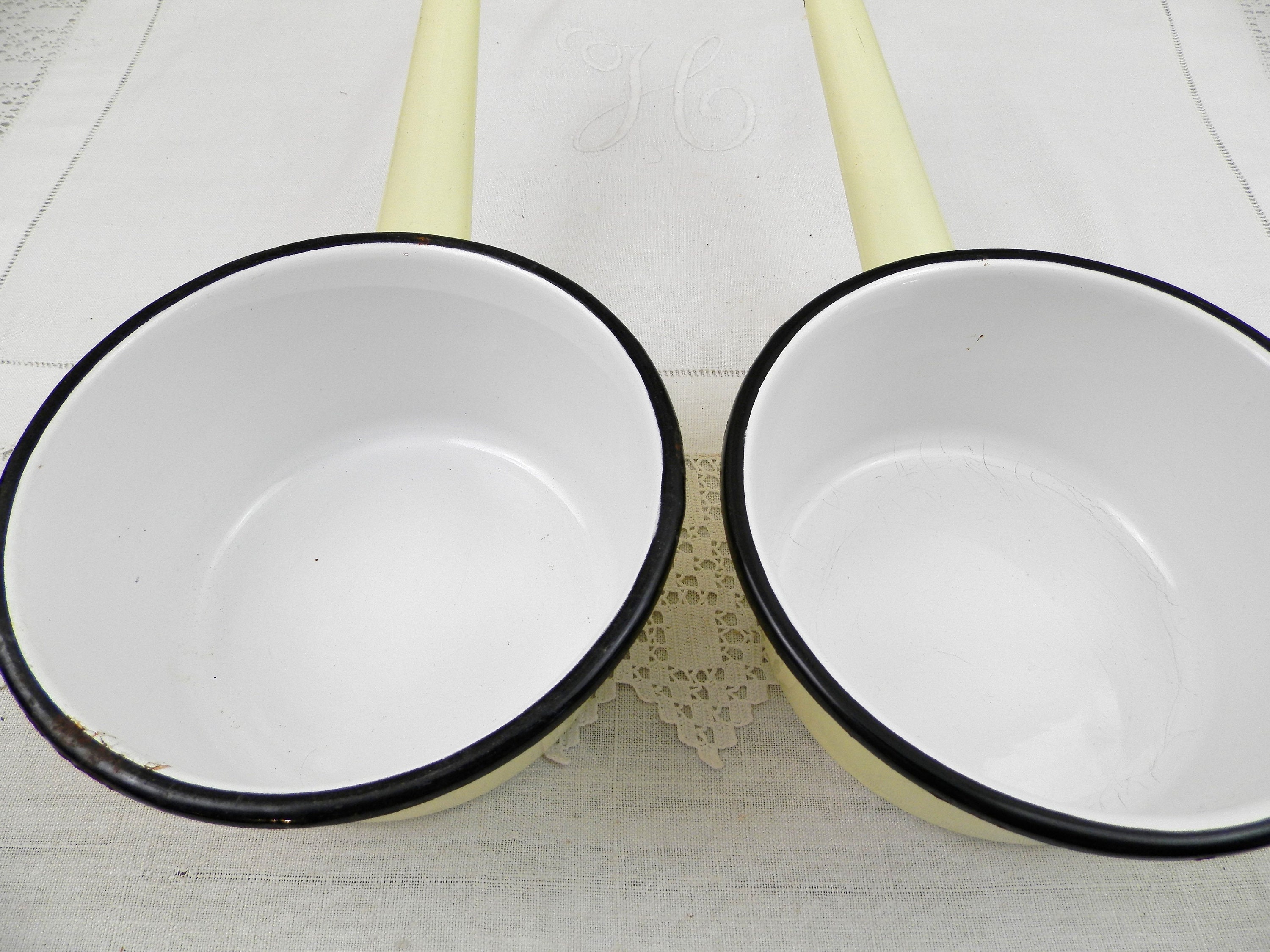 2 Vintage French 1950s Identical Yellow Enameled Cooking Pans