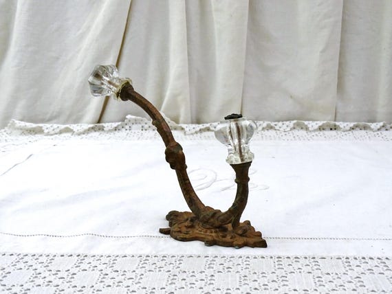 Antique French Large Cast Iron Coat and Hat Hook with Clear Glass, Retro Victorian Clothes Rack Shabby Chateau Farmhouse Chic Hanging