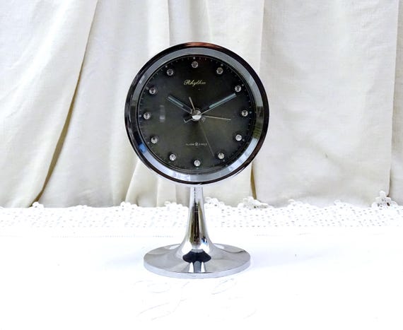 Vintage Working Mid Century Modern Tulip Base Alarm Clock 2 Jewels by Rhythm of Japan in Bark Melamine and Chrome, Retro 1960s Time Piece