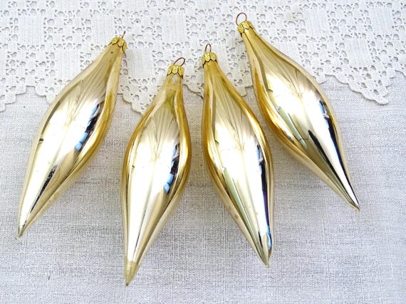 4 Large Vintage Golden Glass Tear Drop Christmas Decorations, Retro 1980s Glassware Tree Ornaments France, Xmas Seasonal Magic Decor