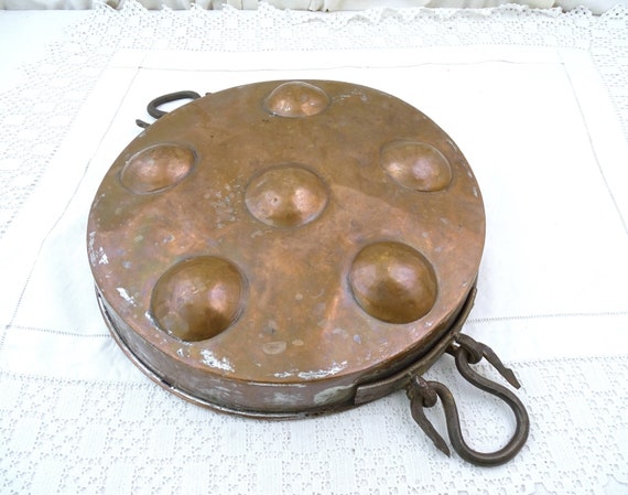 Antique French Hand Forged Round Copper Cake Pan with Handles, Vintage Country Farmhouse Baking Decor from Normandy France, Baking Mold