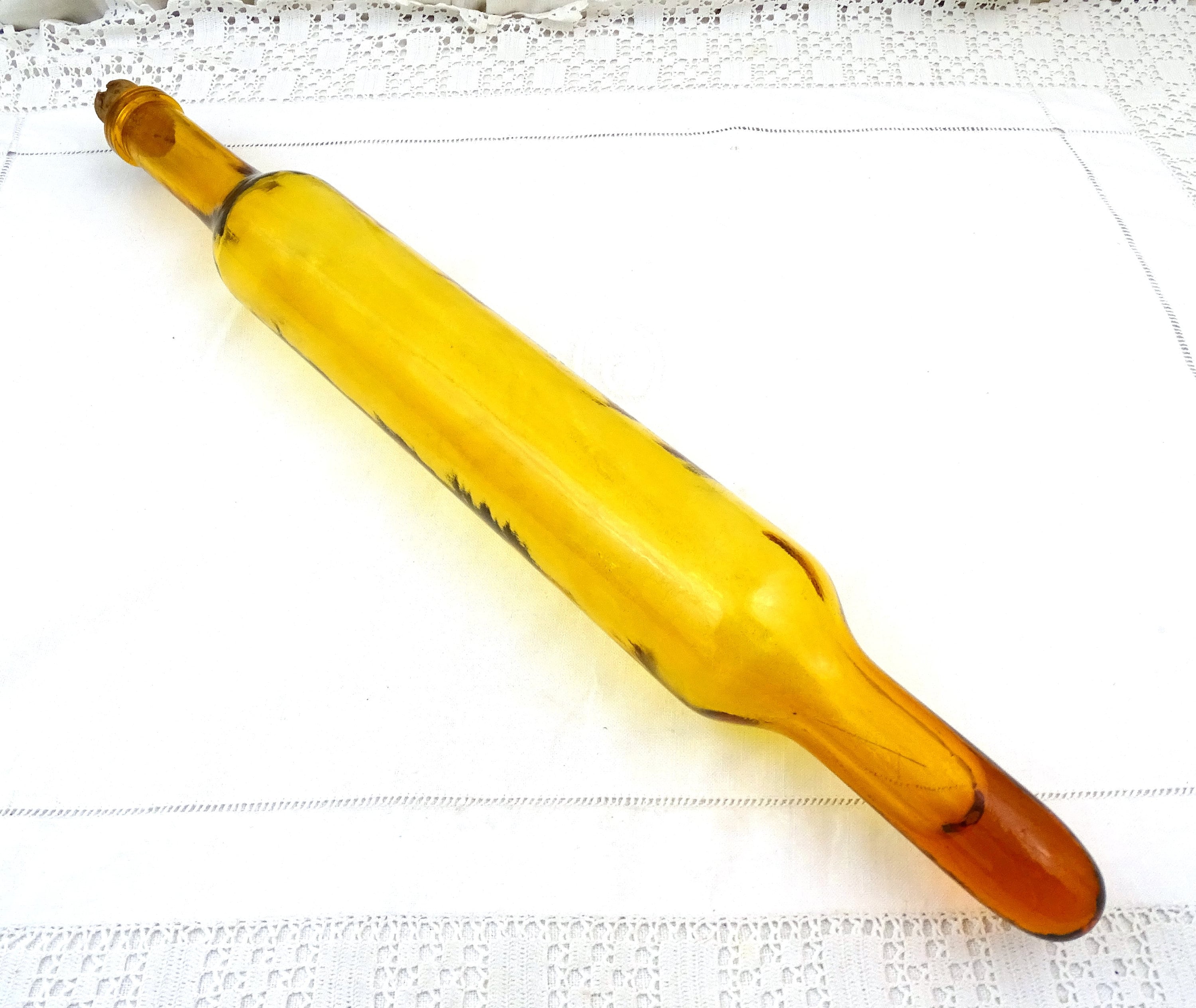 Vintage French Long Amber Glass Rolling Pin with Cork Stopper, Retro