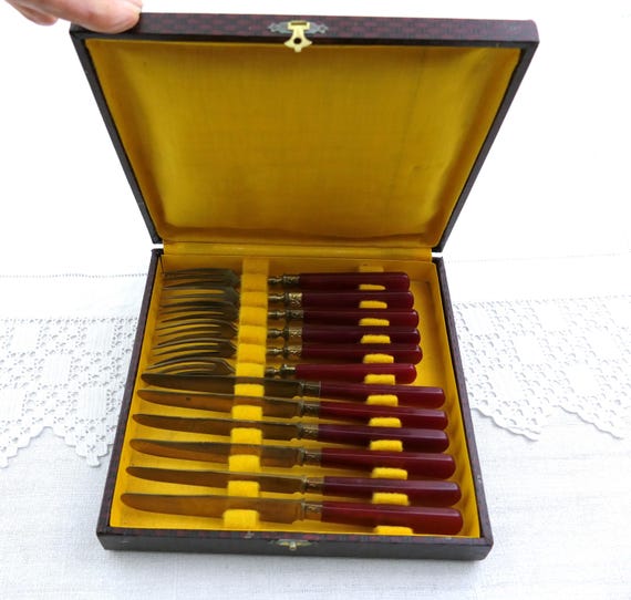 Boxed Set of Antique French 12 Desert Knives and Forks with Cherry Red Handles, Retro Tableware Cutlery from France, Chateau Chic Dinning