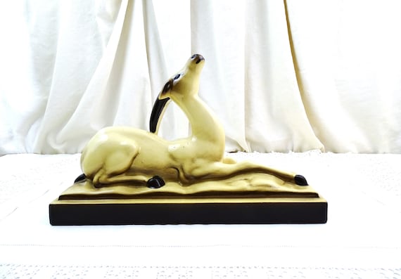 Antique French Art Deco Ceramic Sculpture with Lying Gazelle in Beige and Brown Glaze, Vintage 1930s Pottery Statue of African Animal