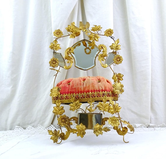 Antique French Mirrored Omalu with Red Velvet Cushion Wedding Glass Dome Interior, Vintage Chateau Chic Shabby Mirror Marriage  Decoration