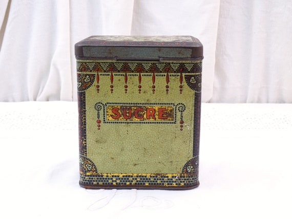 Antique French Kitchen Tin Canister for Sugar with Lithographed Pattern, Retro Country Farmhouse Kitchen Decor France, Old Style Cottage Tin