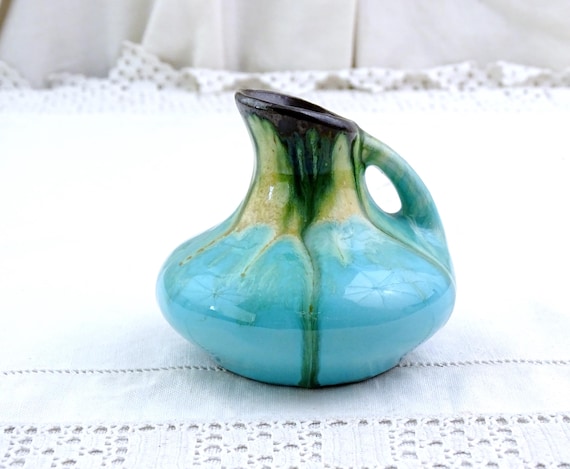 Small Antique Belgian Art Nouveau Pitcher Vase with Drippy Blue Glaze, Tiny Retro European Early 1900s Art Pottery Jugendstil Jug Belgium