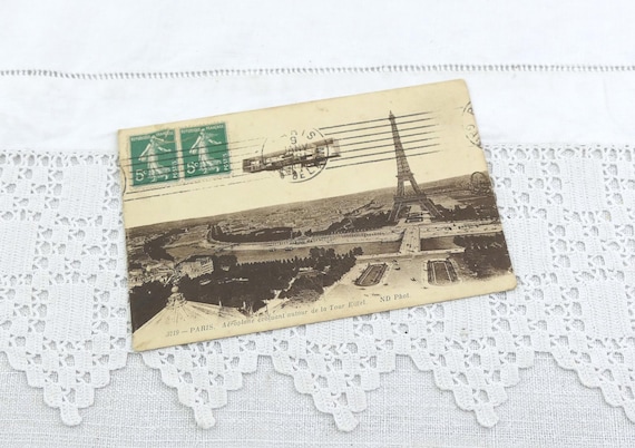 Rare French Antique Sepia Black and White Postcard of Eiffel Tower with a Biplane Posted in 1914, Vintage Image of Parisian Monument