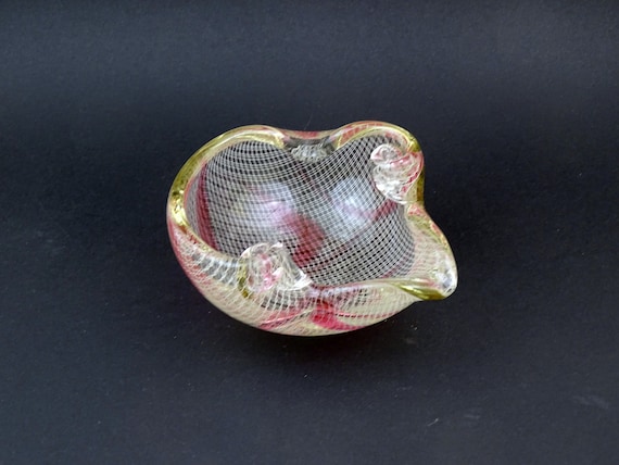 Chunky Vintage Mid Century Modern Czech Hartil Glass Bowl by Harrachov Milos Pulpitel Plain Internal Threading in Clear Glass Pink Swirls