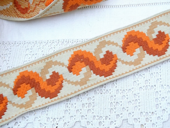 2 Meter / 2.18 Yards Vintage French Mid Century Orange and Brown Geometric Cotton Trim, Retro Haberdashery France, 1950s 1960s Sewing Craft