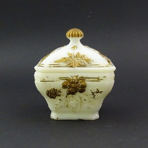 Antique French White Opaline Glass Bonbonniere Lidded Jar with Worn Gold Decoration by Portieux Vallerysthal, Vintage Milk Glass from France