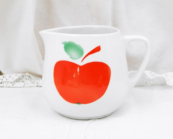 Vintage 1960s Mid Century Ceramic China Pitcher White and Bright Red Apple Pattern Jug Made in Hungry, MCM, 60s Retro Kitchenware France