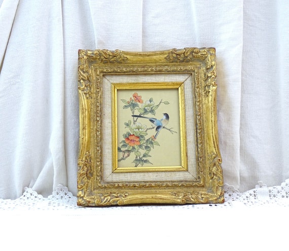 Vintage Hand Painted Framed Chinese Bird and Flower Painting on Silk in Gold Gilded Wooden Frame, Retro Exotic Asian Animal Wall Art Picture