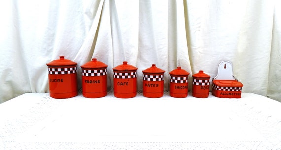 Antique French 7 Piece Canister Set with Wall Mounted Match Box in Bright Red with Black and White Checkered Pattern, Vintage Kitchen Decor