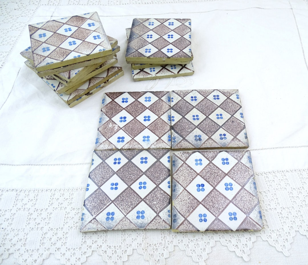 4 Antique French Hand Painted Square Glazed Pottery Tiles With Etsy