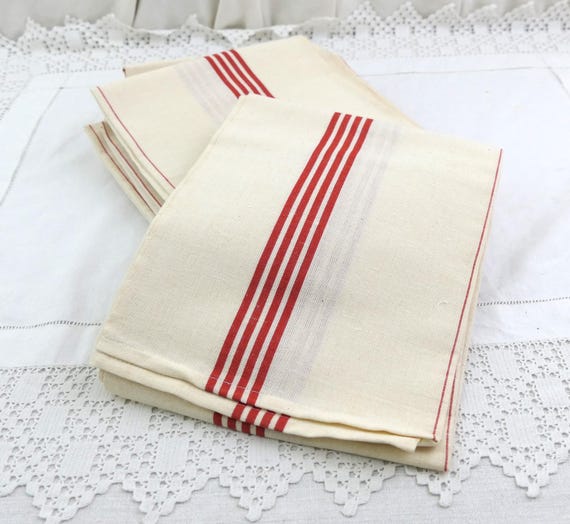 8 Vintage French Traditional Unused Cotton Dish Towels with Red Strips, Retro Chateau Farmhouse Style Kitchen Cloth, Tea Towels France