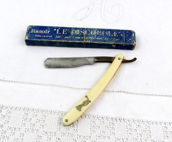 Antique French Straight Razor Le Discobole with Original Blue Cardboard Box and Ivory Tone Celluloid Handle, Retro  Shaving Collectible