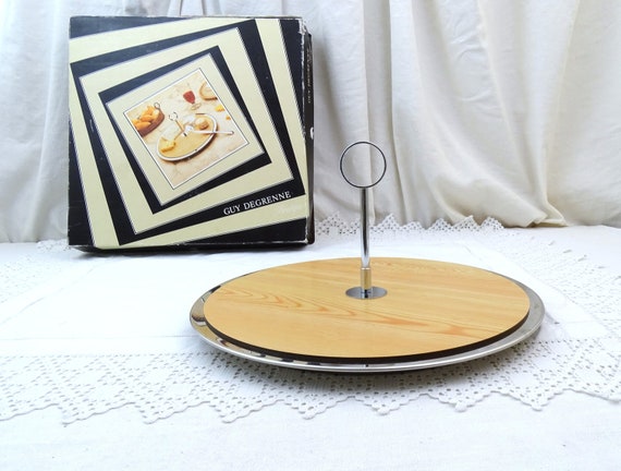 Vintage French 1980s Guy Degrenne Rotating Cheese Platter made of Steel and Formica Wooden Style Plateau, Lazy Susanne Tableware from France