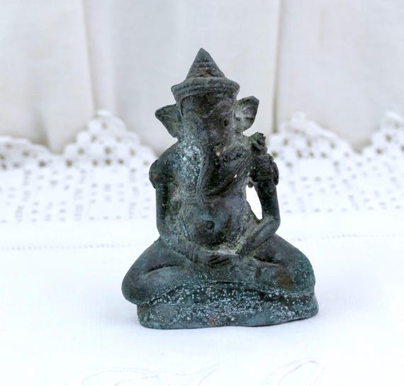 Antique Cast Bronze Indian Statuette of Ganesh, Retro Cast Metal Figurine from India, Old Hindu Religious Shrine, Vintage Elephant God