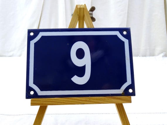 Vintage French Porcelain Enameled Metal House Sign in Blue and White Number 6 / 9, Enamelware Traditional Street Home Address from France